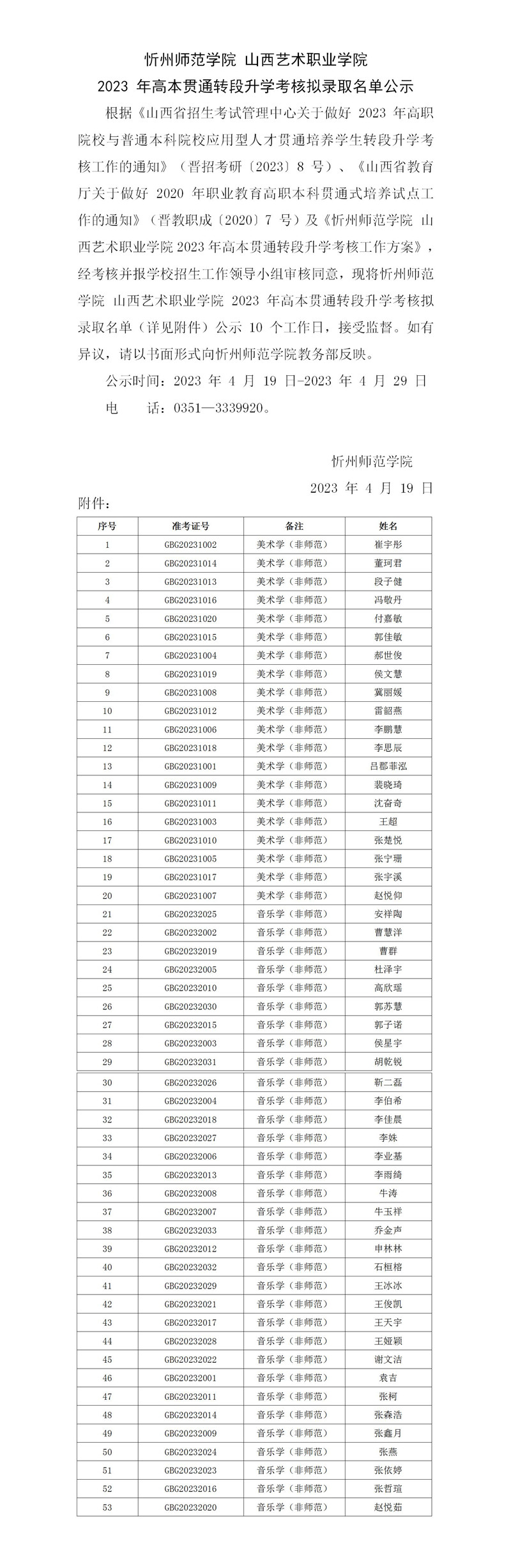 忻州师范学院 山西艺术职业学院 2023 年高本贯通