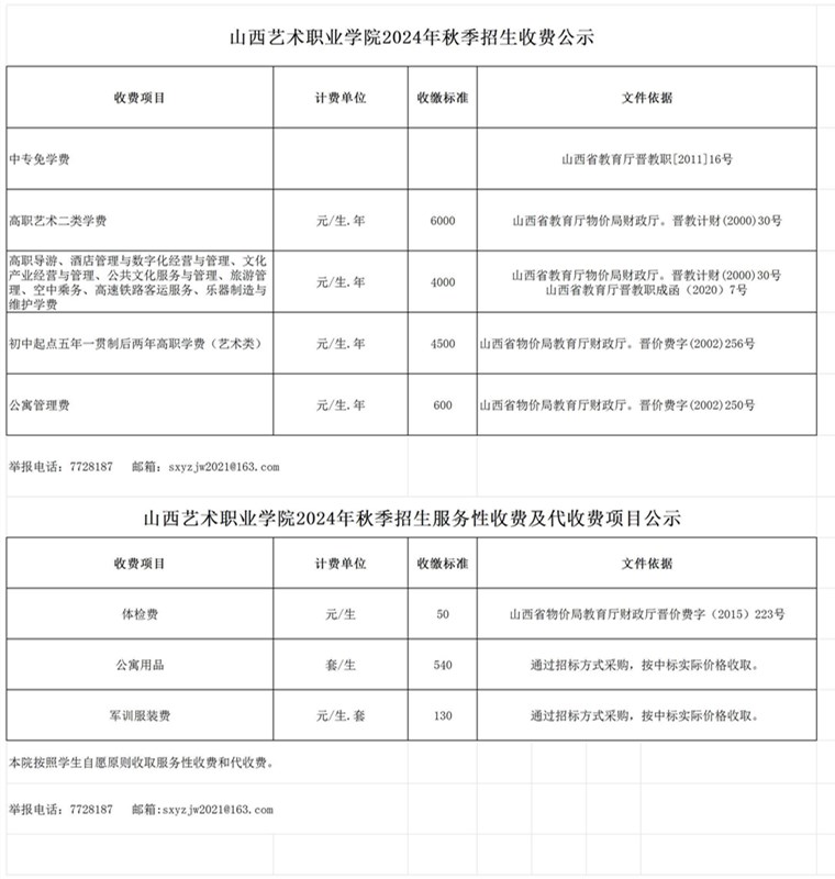 山西艺术职业学院2024年秋季招生收费公示